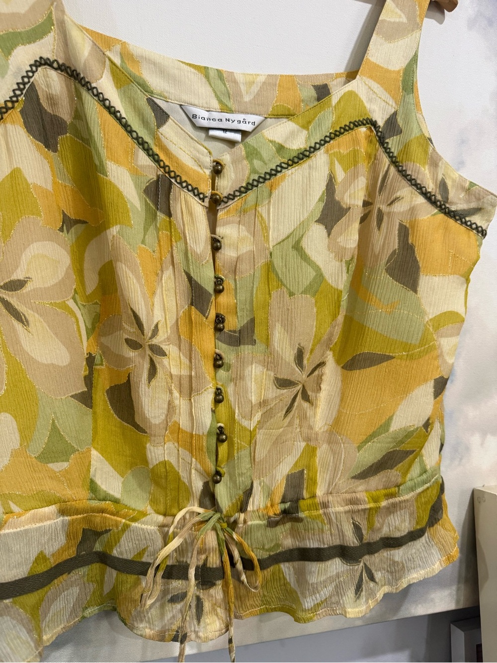 Vintage Silk Earthy Floral Camisole Ruffle Hem Y2K Fairycore Boho Chic Tie-Front - Picture 5 of 12